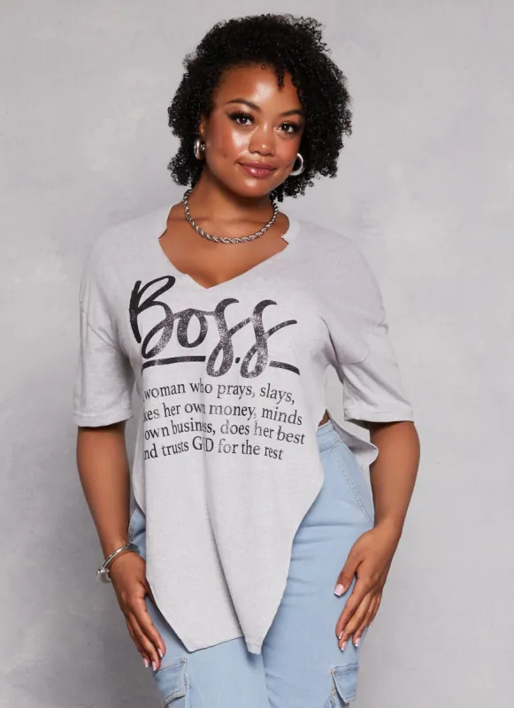 Plus Size Boss Glitter Hanky Hem Graphic Tee sold by Rainbow