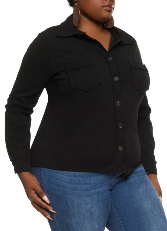 Plus Size Solid Crepe Knit Button Down Shirt sold by Rainbow