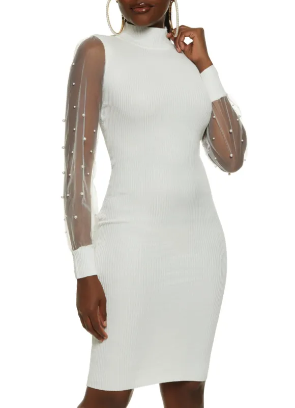 Ribbed Mock Neck Mesh Sleeve Mini Dress sold by Rainbow