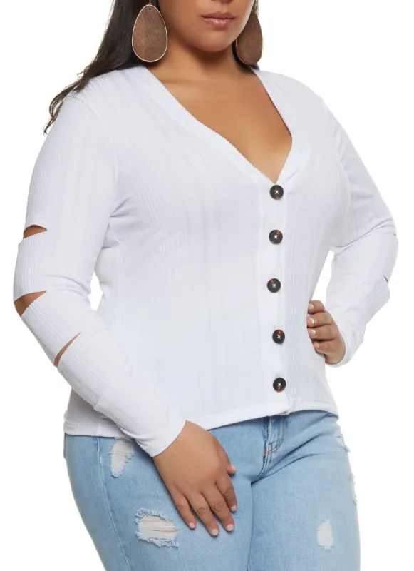 Plus Size Ribbed Laser Cut Button Front Top sold by Rainbow