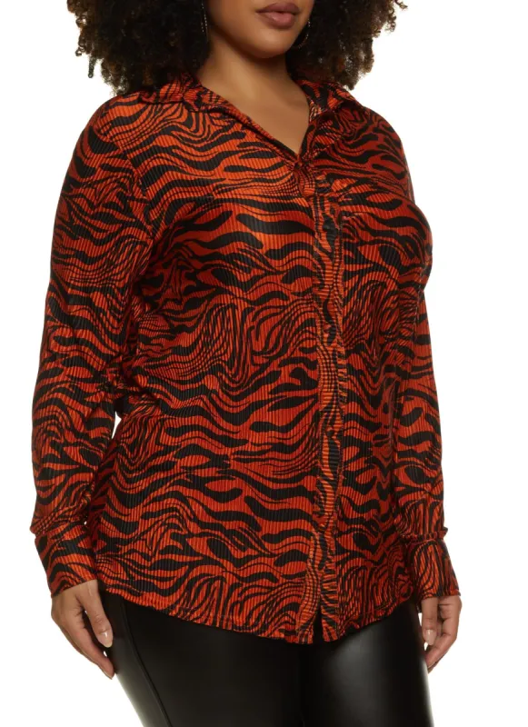 Plus Size Printed Pleated Button Front Shirt sold by Rainbow