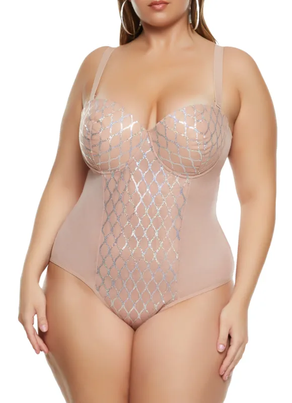 Plus Size Sequin Mesh Bustier Bodysuit sold by Rainbow
