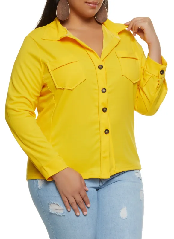 Plus Size Solid Crepe Knit Button Down Shirt sold by Rainbow