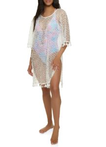 Tassel Trim Fishnet Mini Dress Cover Up sold by Rainbow