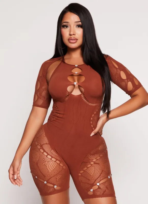 Rhinestone Cut Out Seamless Biker Romper sold by Rainbow