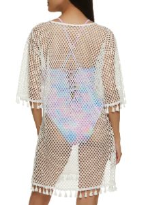 Tassel Trim Fishnet Mini Dress Cover Up sold by Rainbow