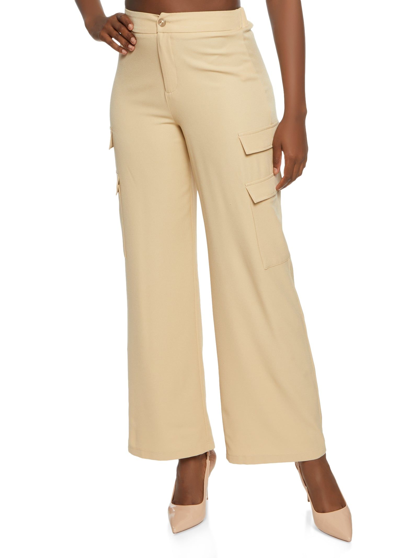 Solid High Waist Wide Leg Cargo Pants sold by Rainbow