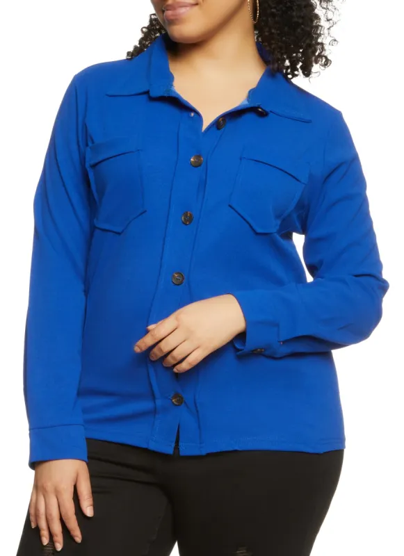 Plus Size Solid Crepe Knit Button Down Shirt sold by Rainbow