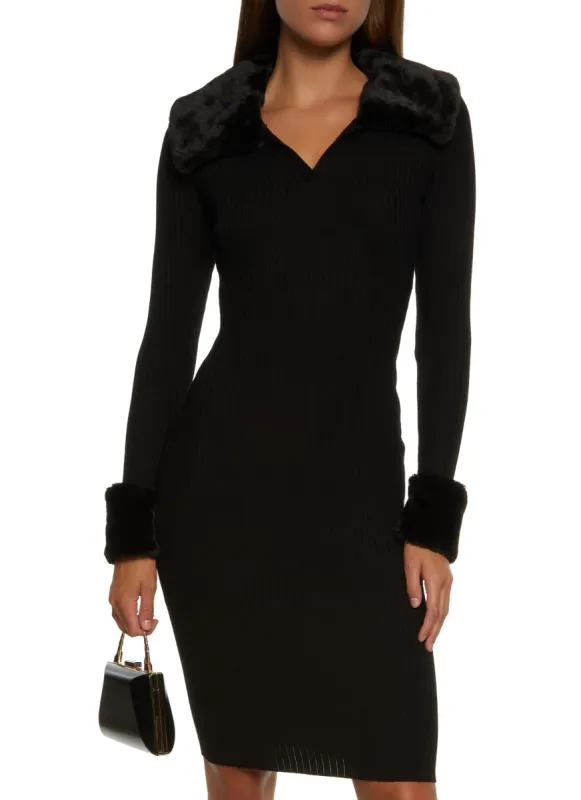 Faux Fur Trim Ribbed Sweater Dress sold by Rainbow