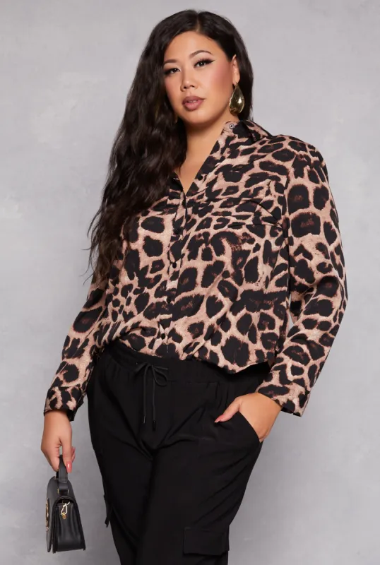 Plus Size Animal Print Button Front Shirt made by Rainbow