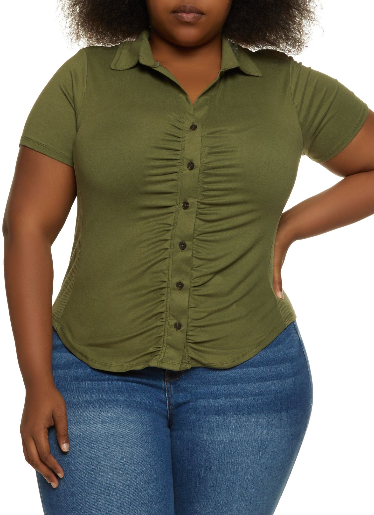 Plus Size Short Sleeve Ruched Button Down Top sold by Rainbow