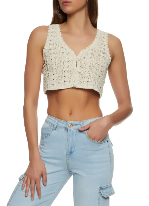 Crochet Button Front Cropped Vest sold by Rainbow