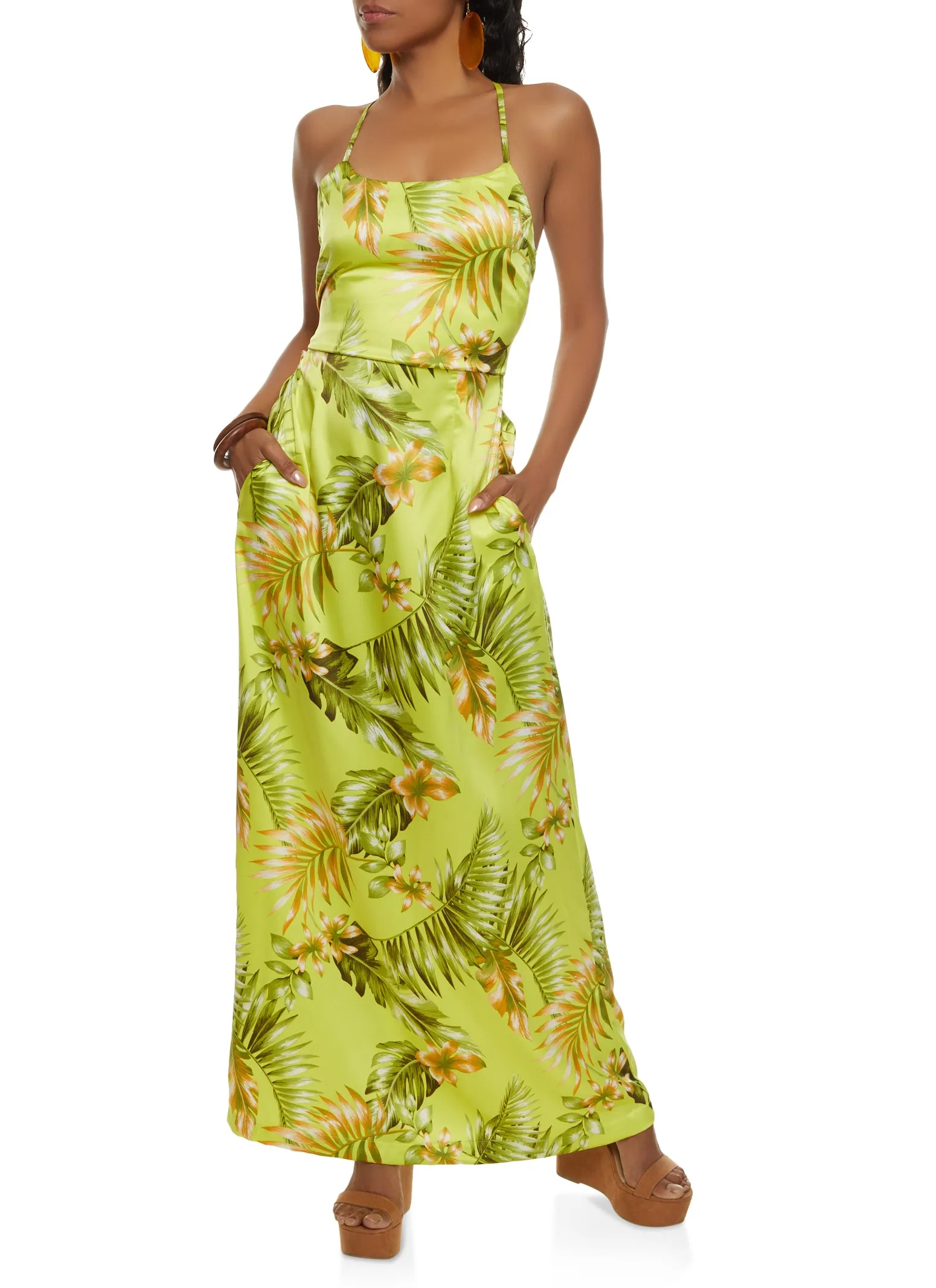 Haute Monde Open Criss Cross Back Tropical Print Maxi Dress sold by Rainbow