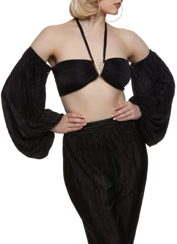 Plisse Rhinestone Detail Puff Sleeve Top sold by Rainbow