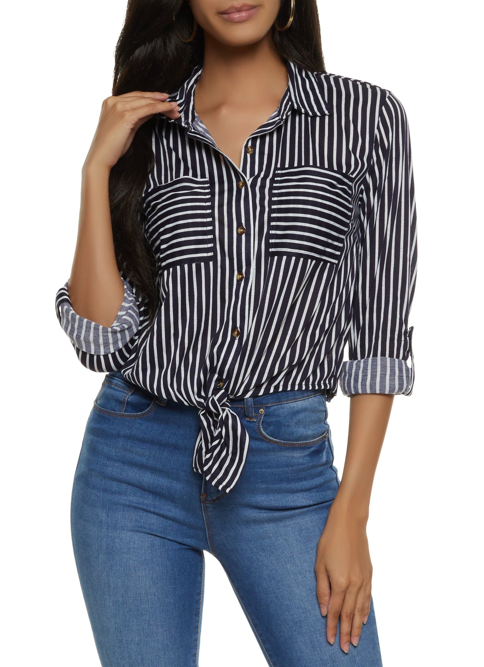 Button Front Tabbed Sleeve Tie Front Shirt sold by Rainbow