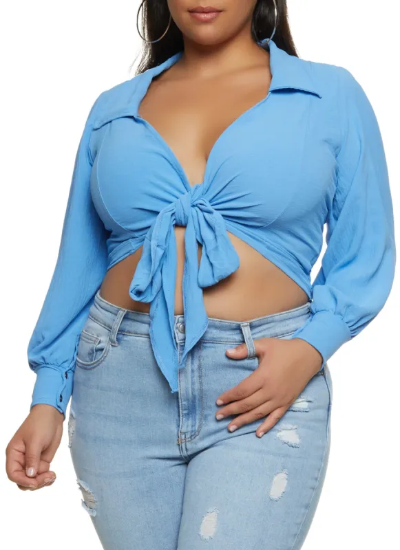 Plus Size Johnny Collar Tie Front Top sold by Rainbow