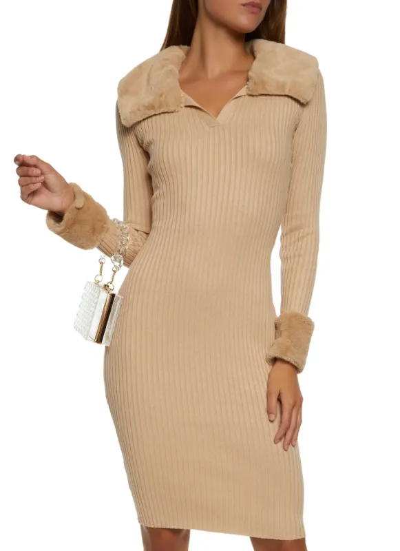 Faux Fur Trim Ribbed Sweater Dress sold by Rainbow