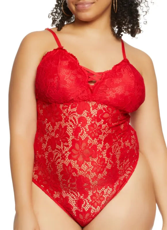 Plus Size Floral Lace Caged Bodysuit sold by Rainbow