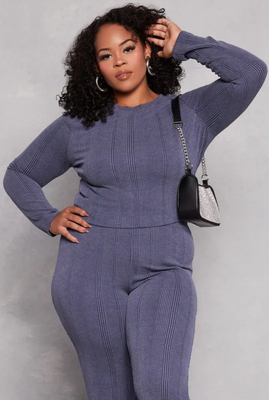 Plus Size Ribbed Crew Neck Long Sleeve Top sold by Rainbow