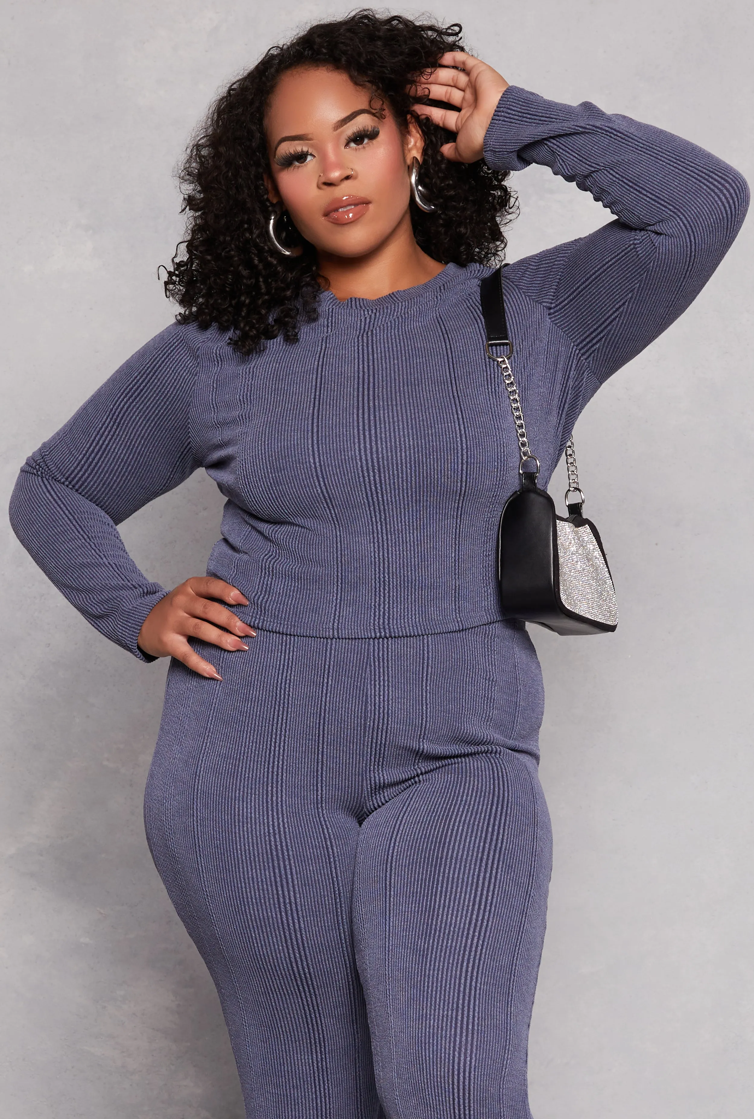 Plus Size Ribbed Crew Neck Long Sleeve Top sold by Rainbow