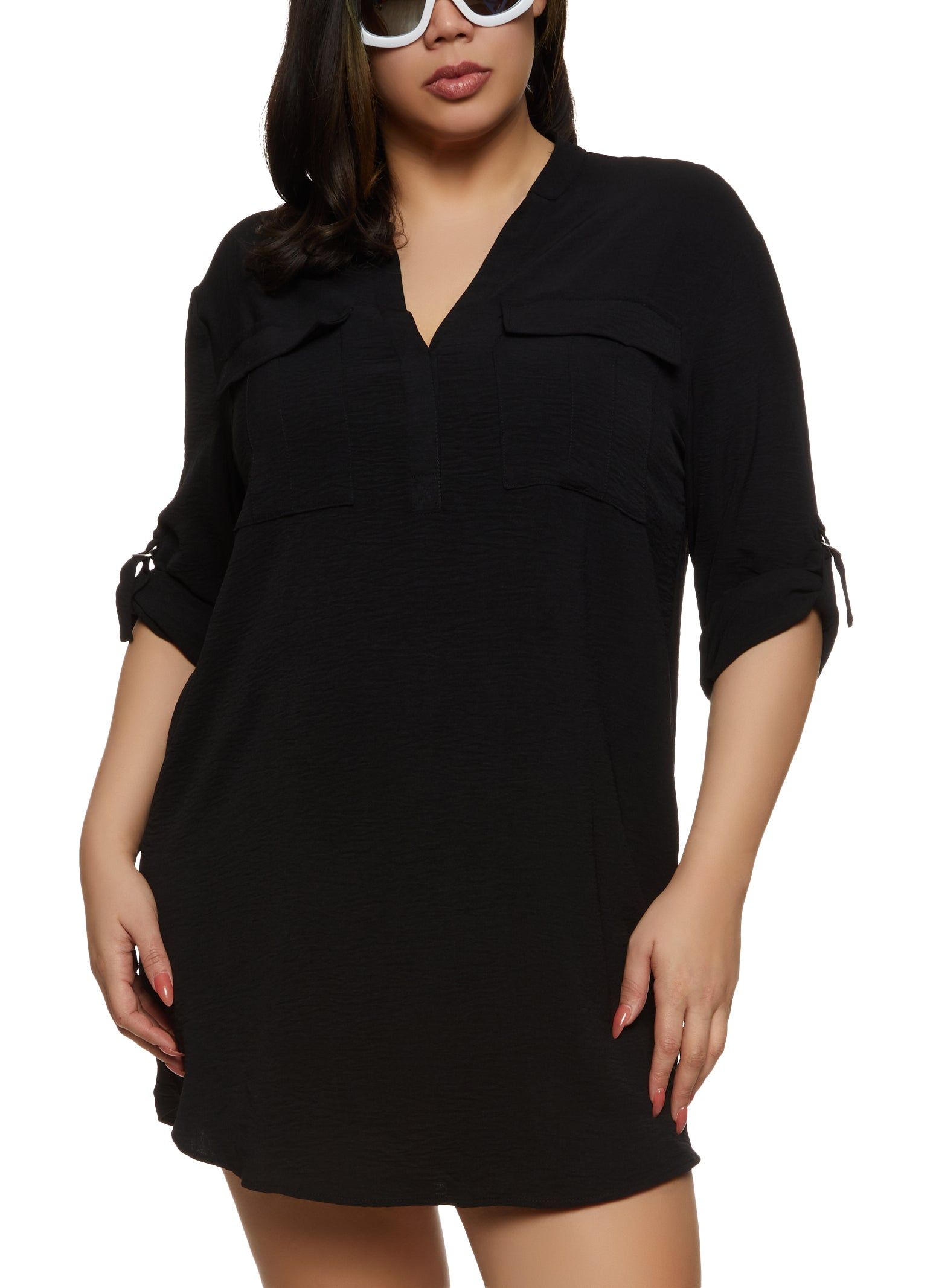 Plus Size Flap Pocket Tabbed Sleeve Shift Dress sold by Rainbow