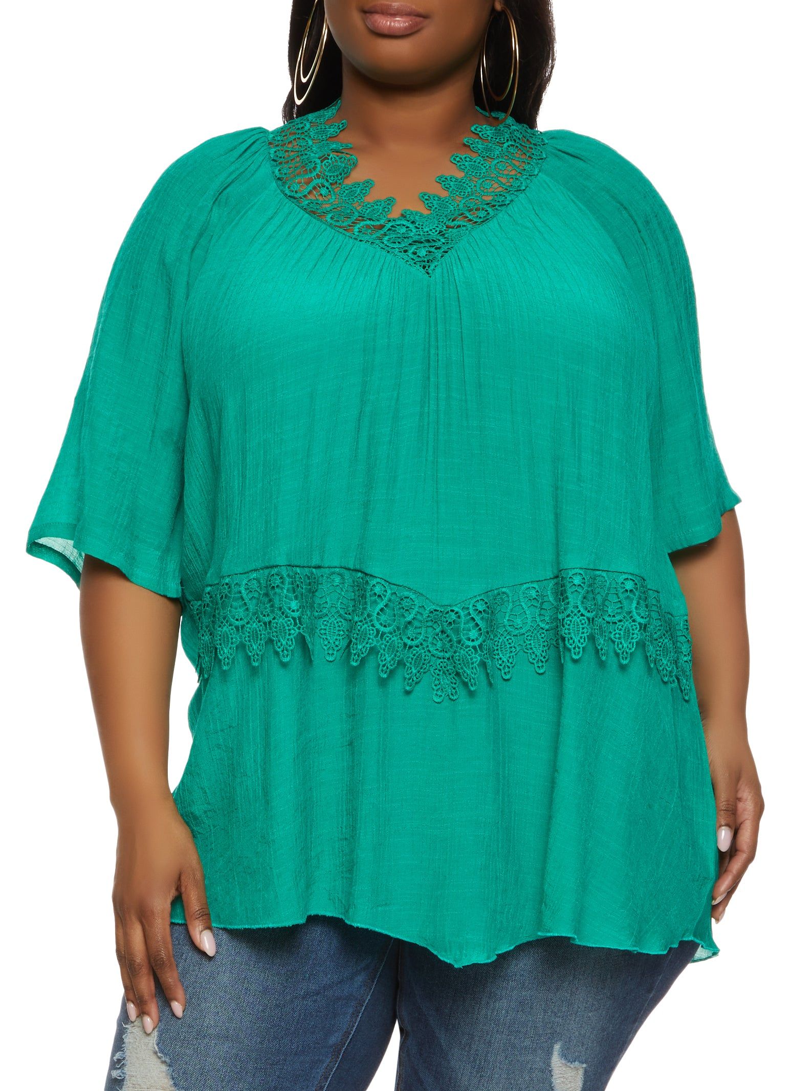 Plus Size Gauze Knit Crochet Lace Trim Blouse sold by Rainbow