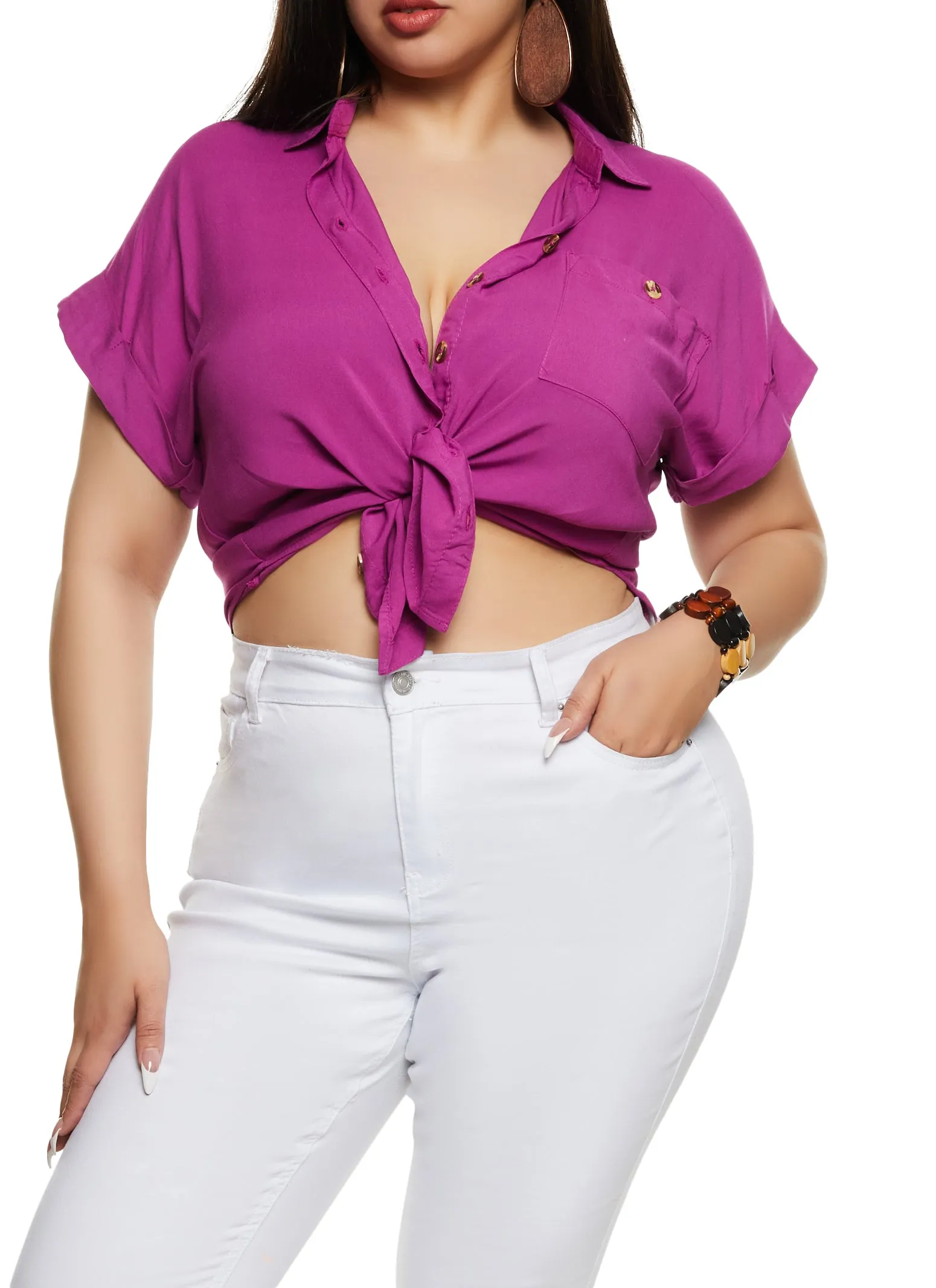 Plus Size Button Front High Low Shirt sold by Rainbow