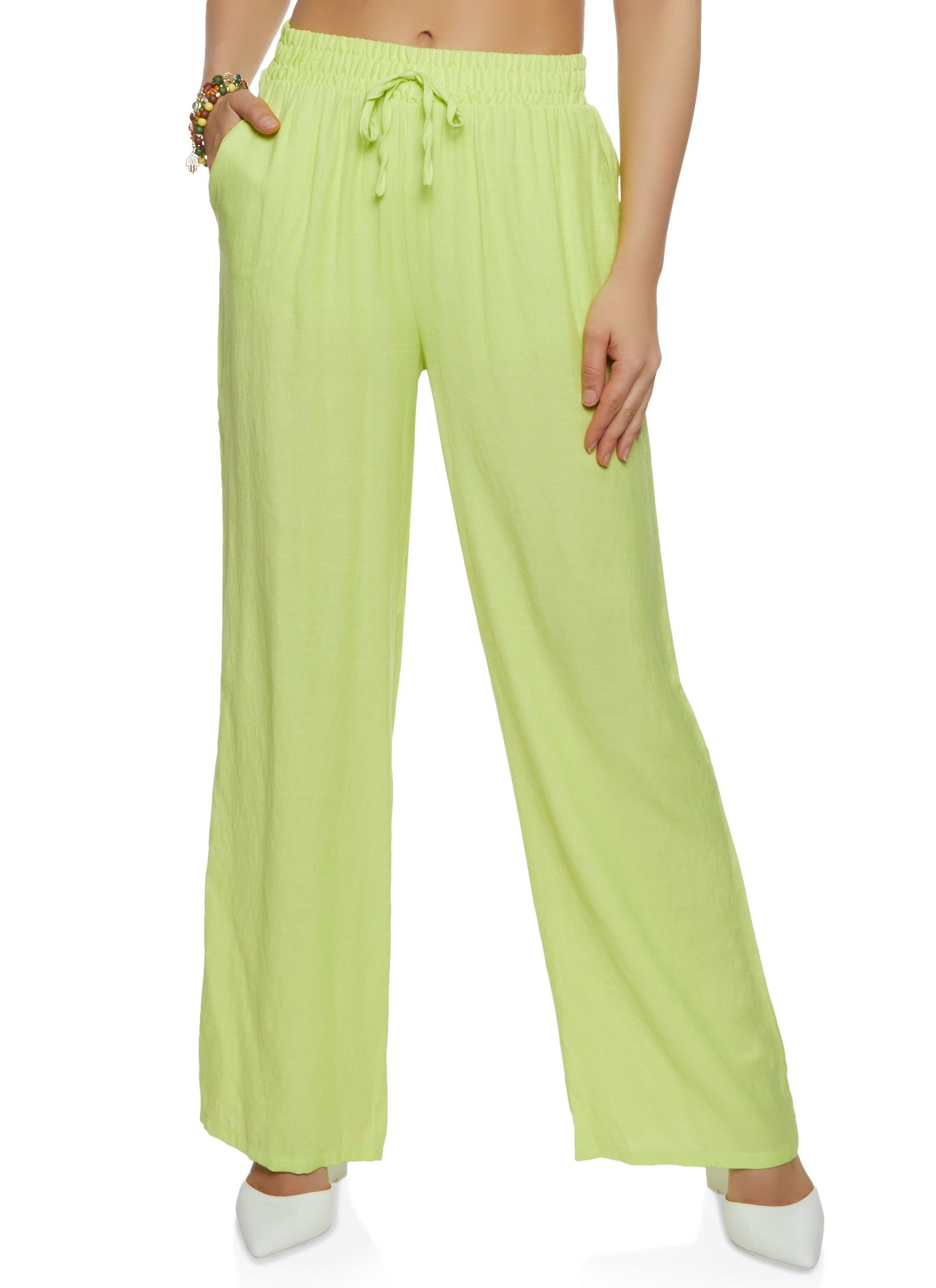 Solid Gauze Knit Faux Drawstring Wide Leg Pants sold by Rainbow