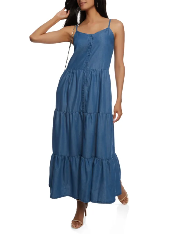 Denim Button Front Tiered Maxi Dress sold by Rainbow