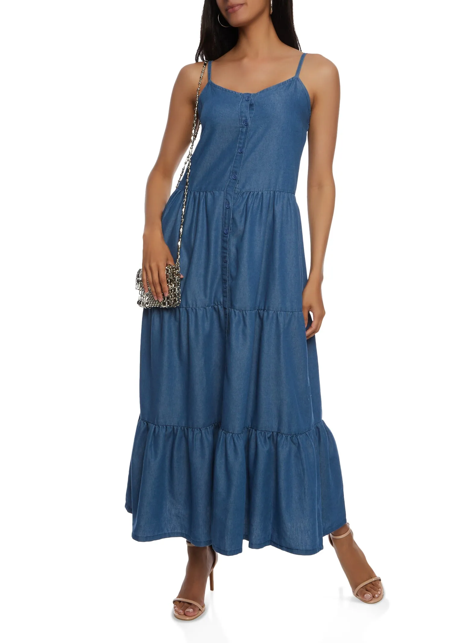 Denim Button Front Tiered Maxi Dress sold by Rainbow product image thumbnail 2