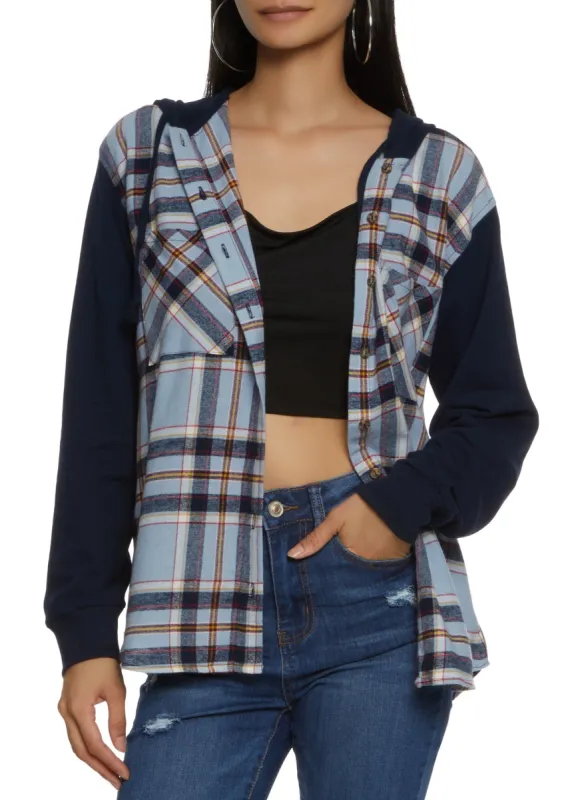 Plaid Button Front Hooded Flannel Shirt sold by Rainbow