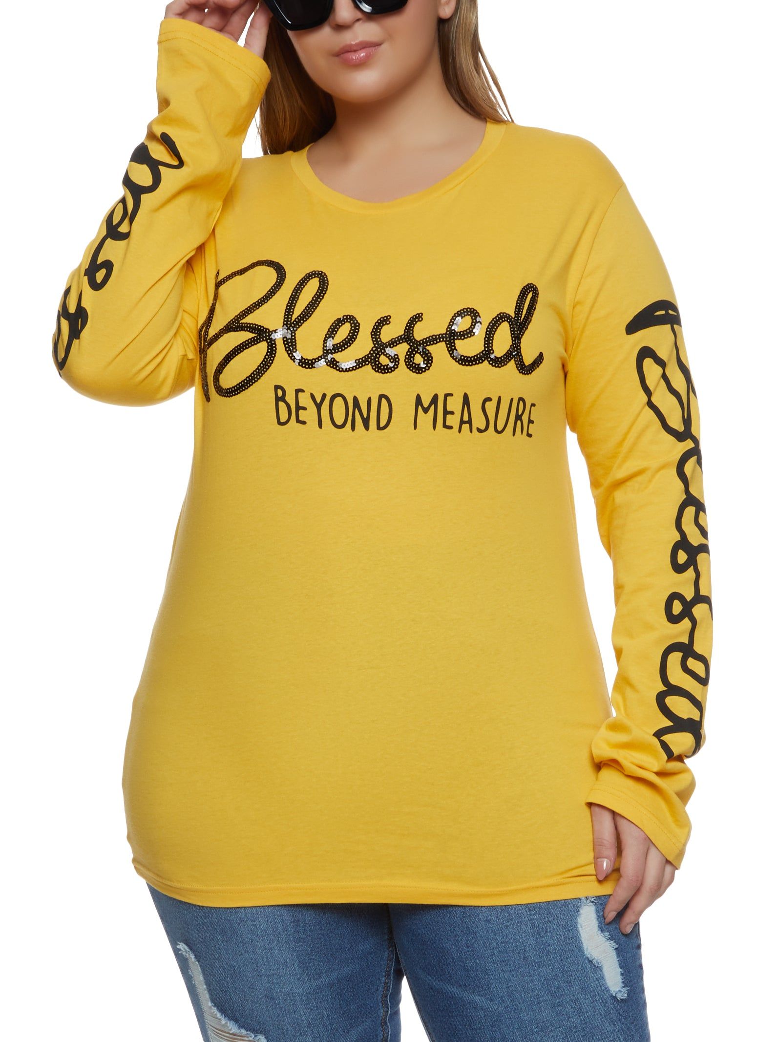 Plus Size Blessed Beyond Measure Sequin Graphic Tee sold by Rainbow
