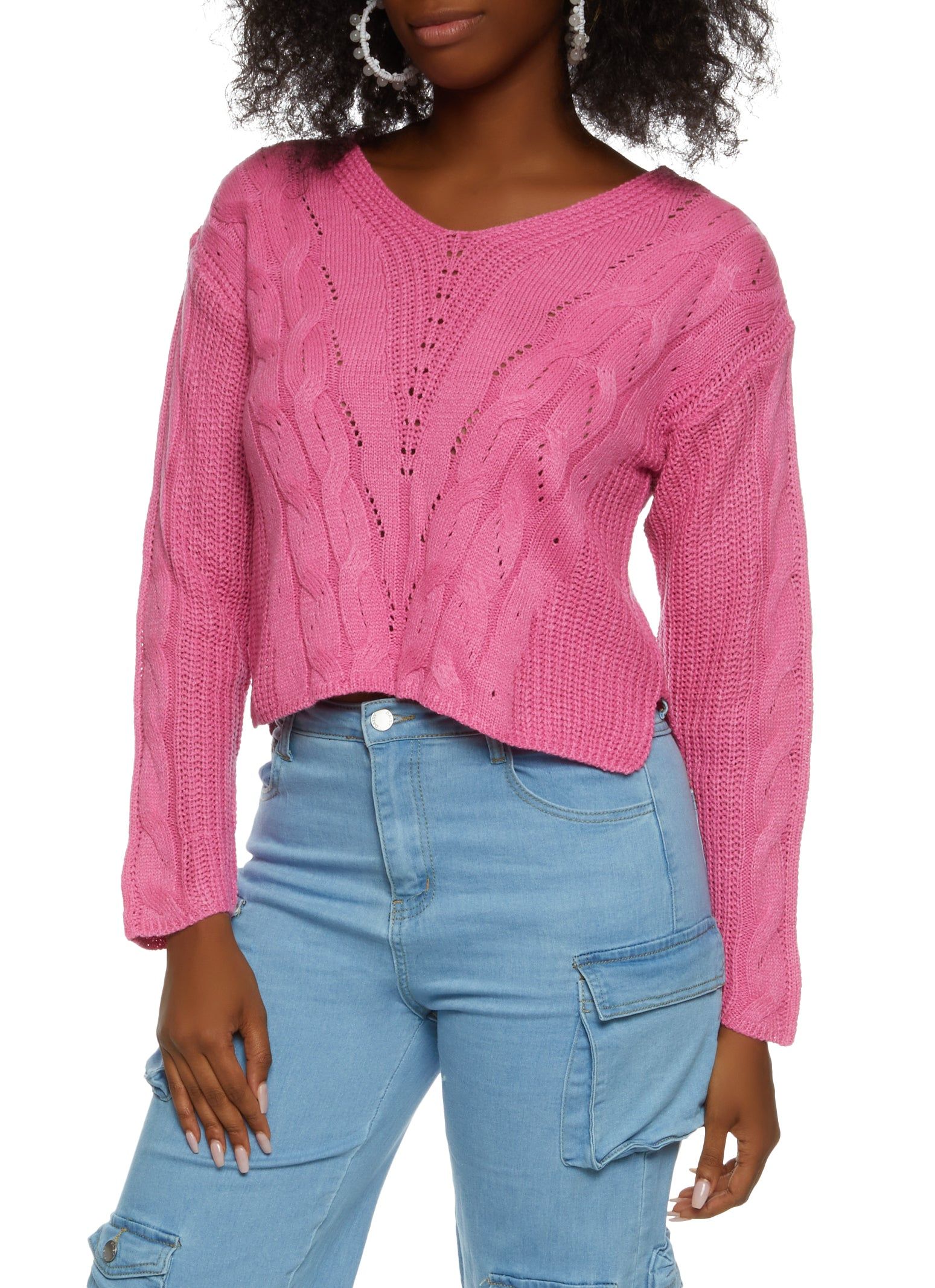 Solid Pointelle Cable Knit Sweater sold by Rainbow