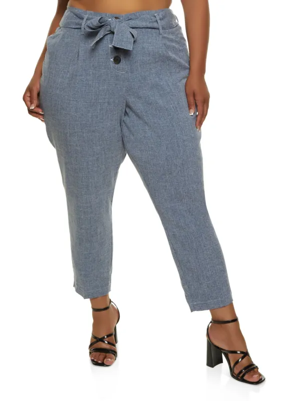 Plus Size Chambray Linen Paperbag Waist Pants sold by Rainbow