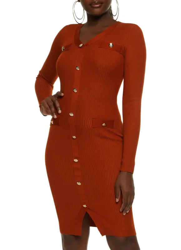 Long Sleeve Faux Button Front Midi Dress sold by Rainbow