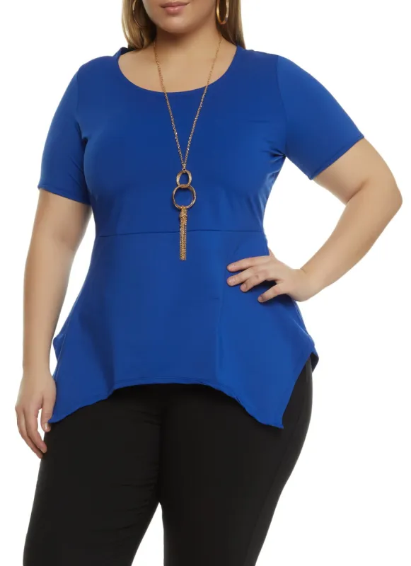 Plus Size Scoop Neck Sharkbite Hem Top with Necklace sold by Rainbow