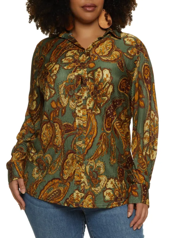 Plus Size Printed Pleated Button Front Shirt sold by Rainbow