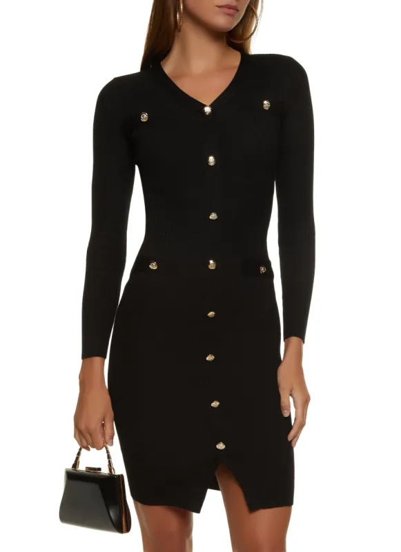 Long Sleeve Faux Button Front Midi Dress sold by Rainbow