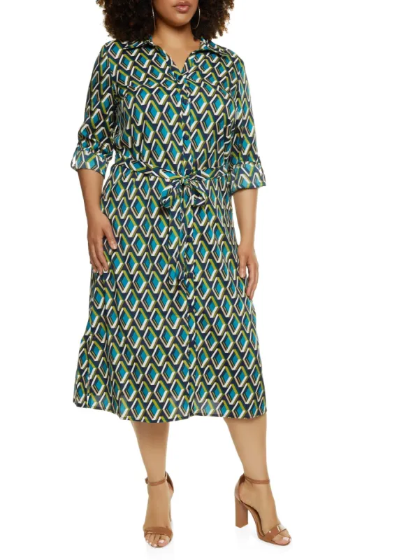 Plus Size Geometric Print Tie Waist Belt Shirt Dress sold by Rainbow