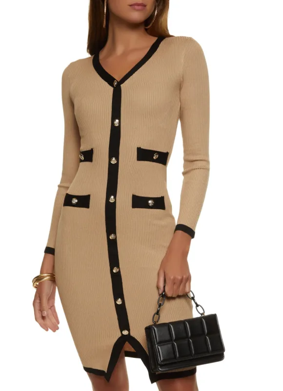 Ribbed Knit Faux Button Front Midi Dress sold by Rainbow