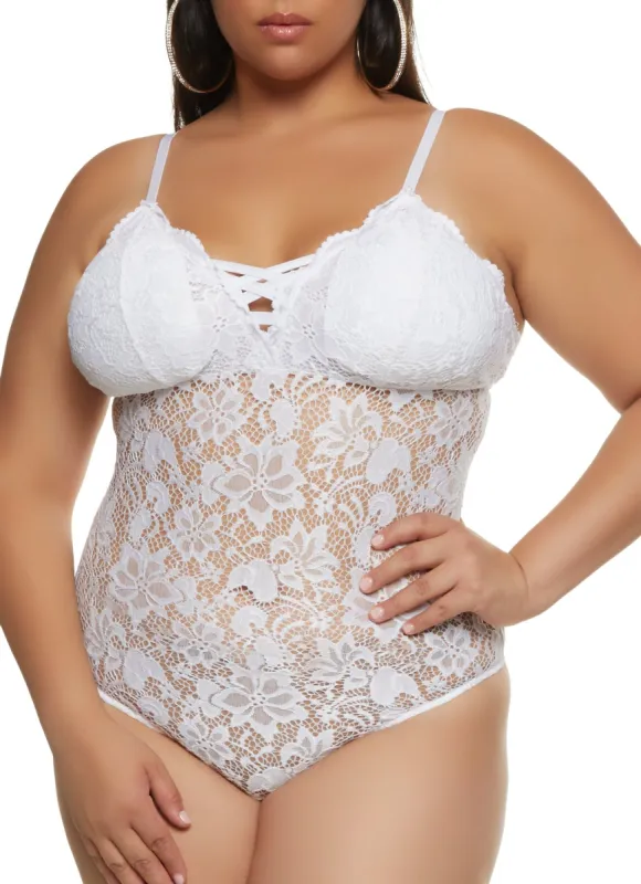 Plus Size Floral Lace Caged Bodysuit sold by Rainbow