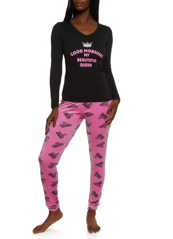 Graphic Print Long Sleeve Pajama Top and Velour Pants sold by Rainbow