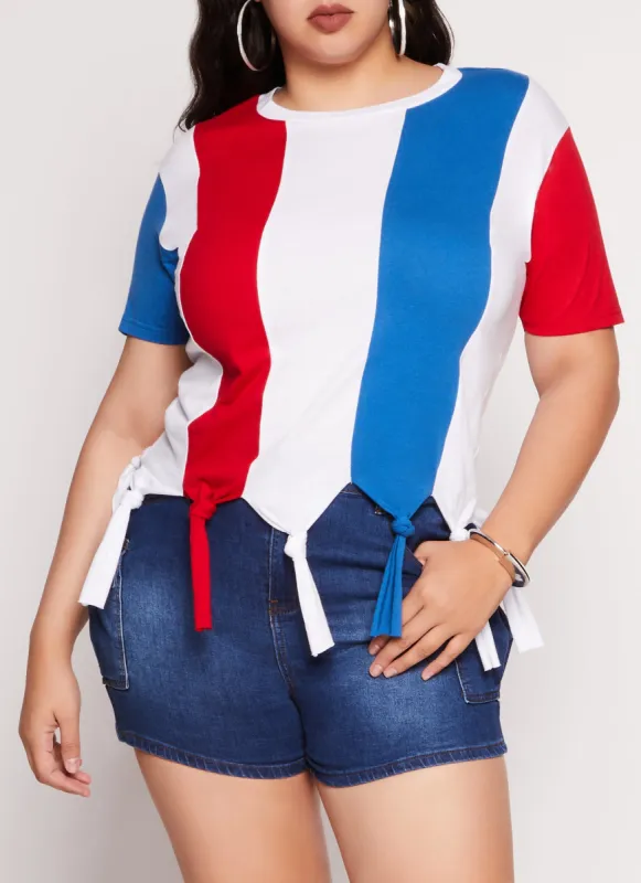 Plus Size Striped Knotted Fringe Hem T Shirt sold by Rainbow