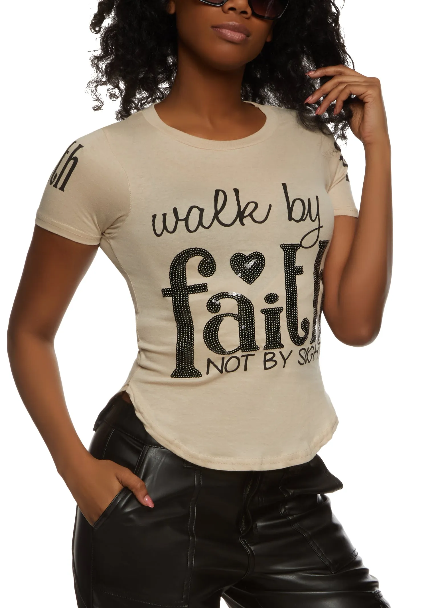 Walk By Faith Sequin Graphic T Shirt sold by Rainbow