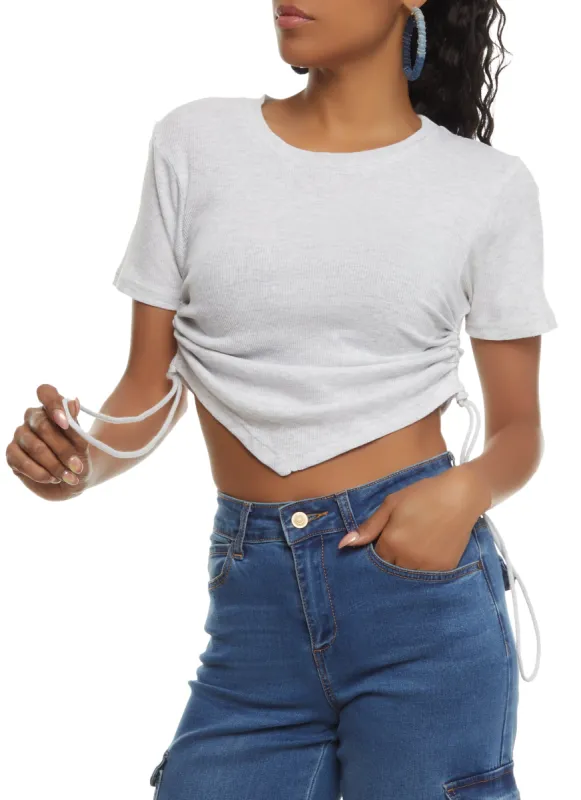 Ribbed Knit Ruched Hanky Hem Tee sold by Rainbow