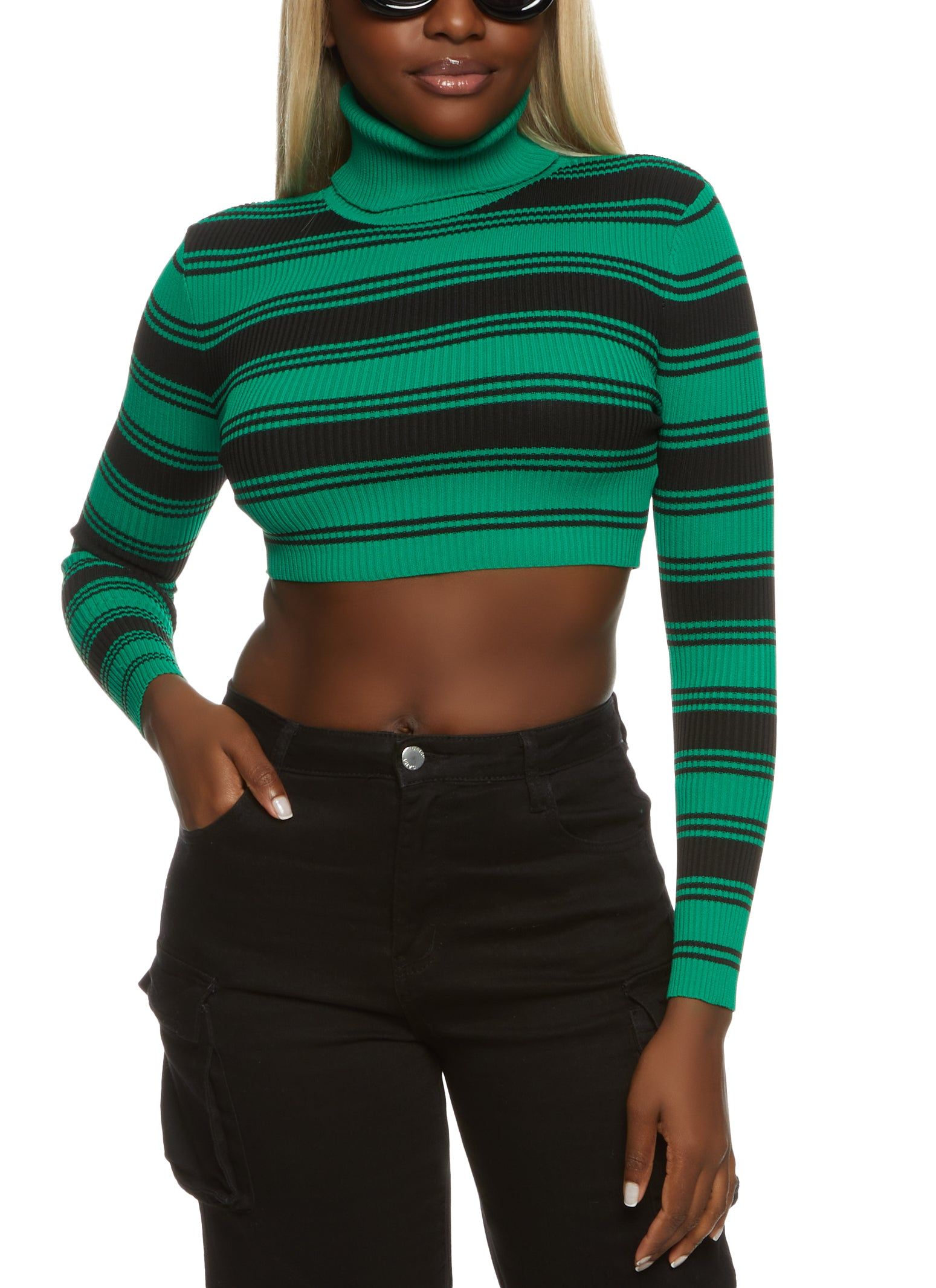 Striped Ribbed Knit Turtleneck Crop Top sold by Rainbow