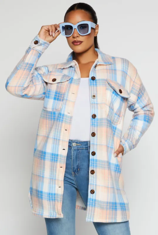 Plaid Button Front Long Shacket sold by Rainbow
