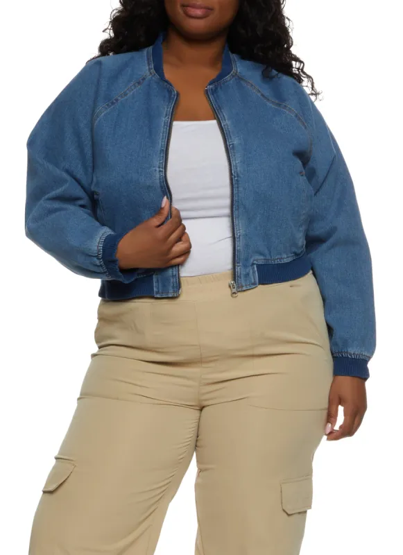 Plus Size Cropped Zip Front Denim Bomber Jacket sold by Rainbow