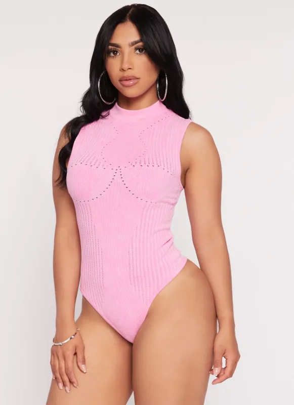 Seamless Ribbed Laser Cut Mock Neck Bodysuit sold by Rainbow