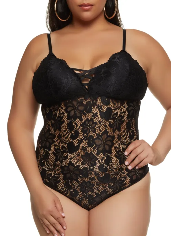 Plus Size Floral Lace Caged Bodysuit sold by Rainbow